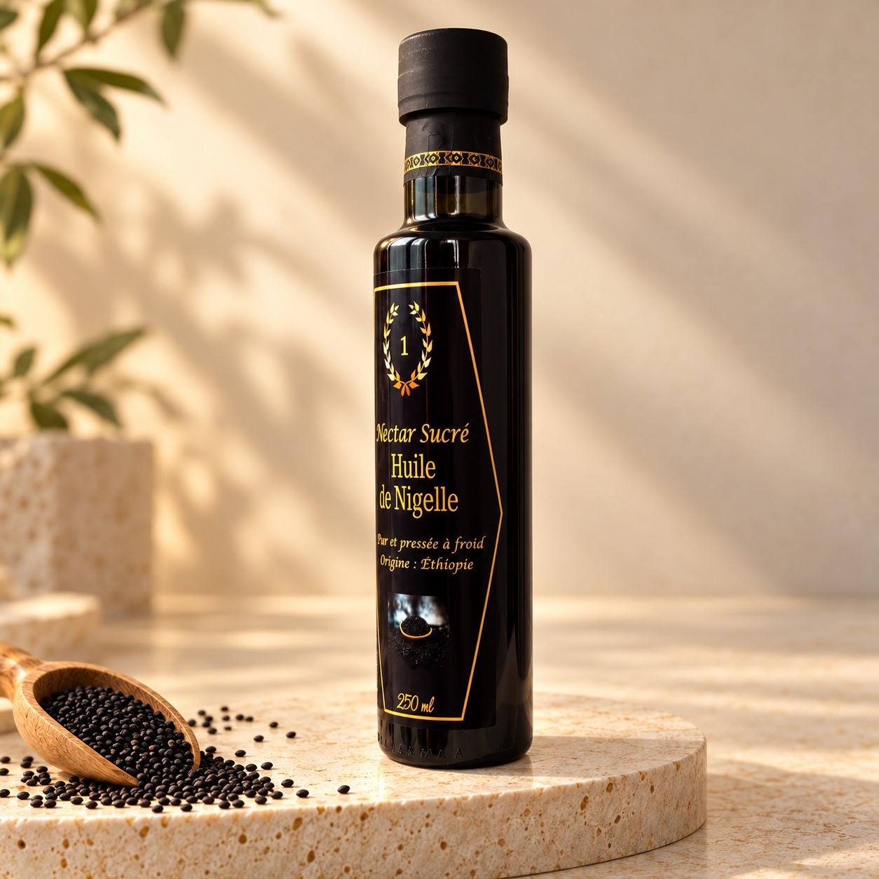 Huile de nigelle Habashiya — Autre angle du produit â€” studio