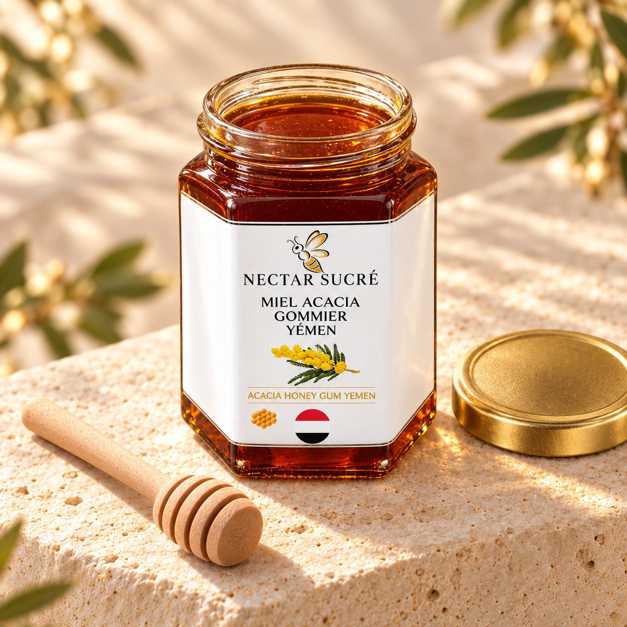 Miel d’acacia gommier du Yémen — Pot ouvert â€” vue studio