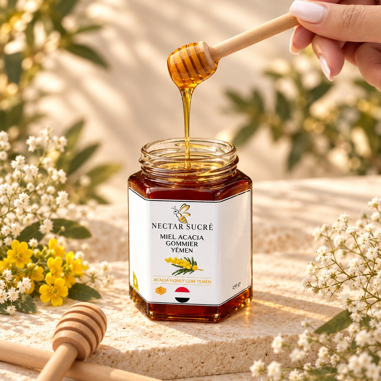 Miel d’acacia gommier du Yémen — Texture du miel Ã  la cuillÃ¨re â€” vue studio