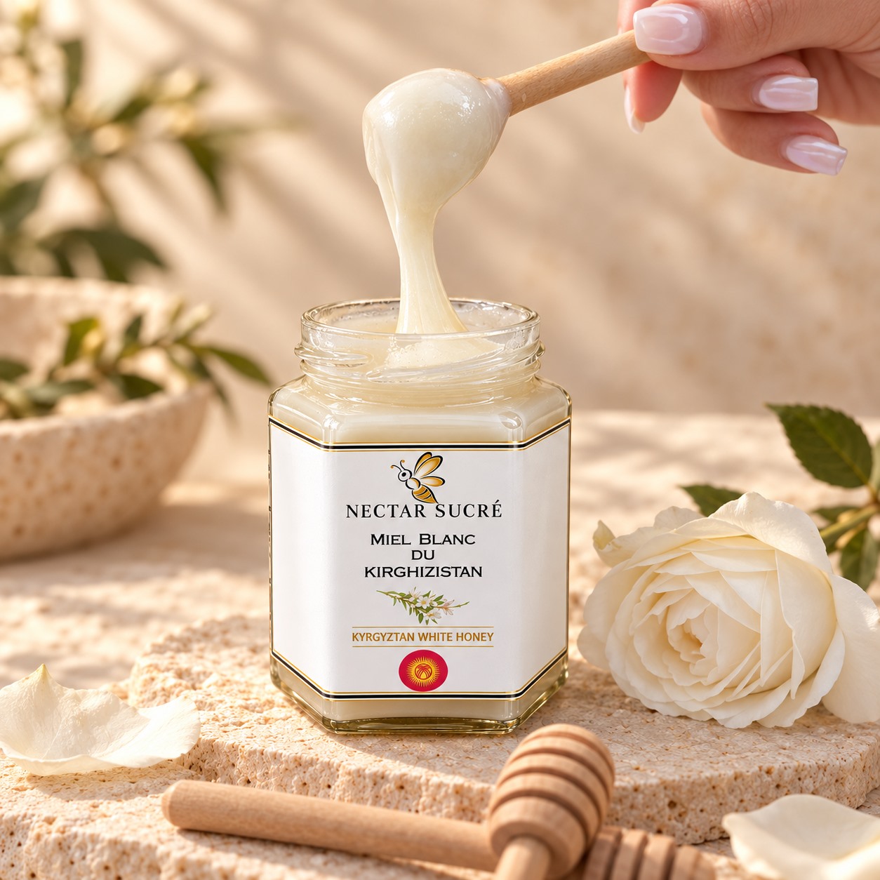 Miel blanc du Kirghizistan — Texture du miel Ã  la cuillÃ¨re â€” vue studio