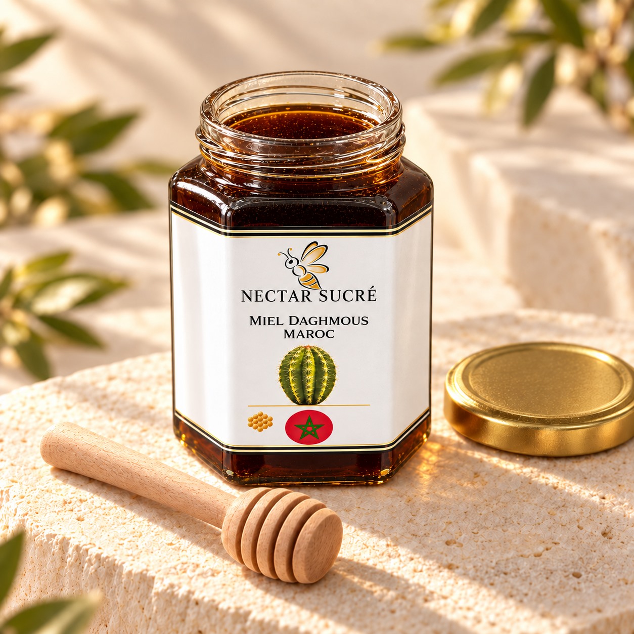 Miel de Daghmous du Maroc — Pot ouvert â€” vue studio