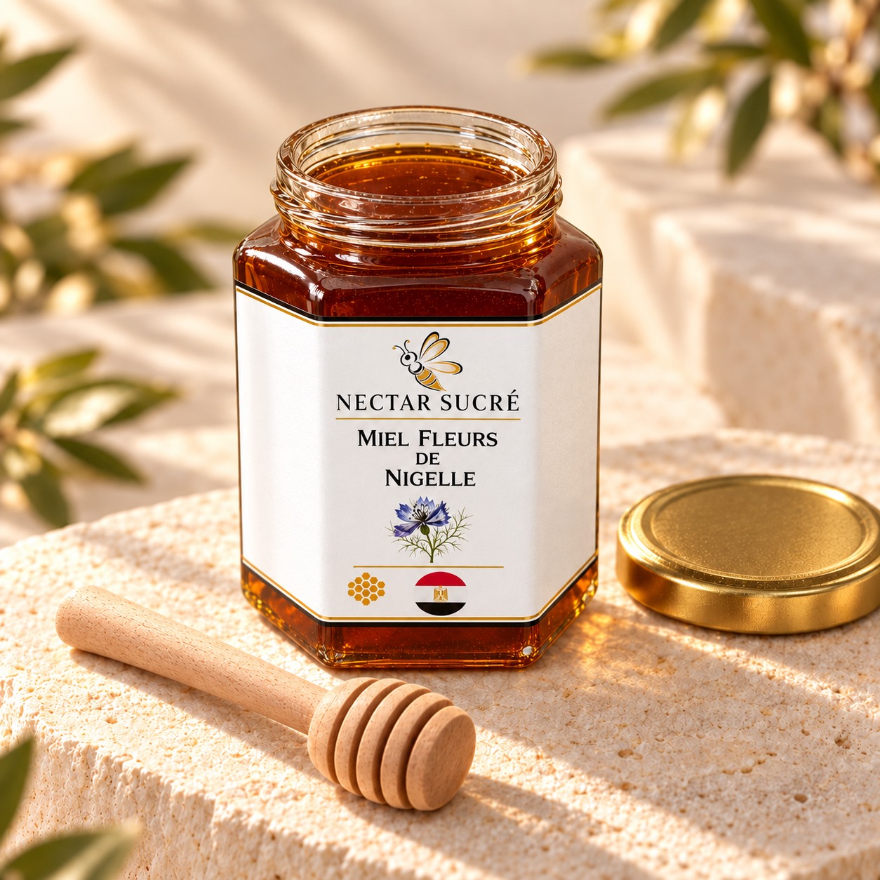 Miel de fleurs de nigelle d’Égypte — Pot ouvert â€” vue studio