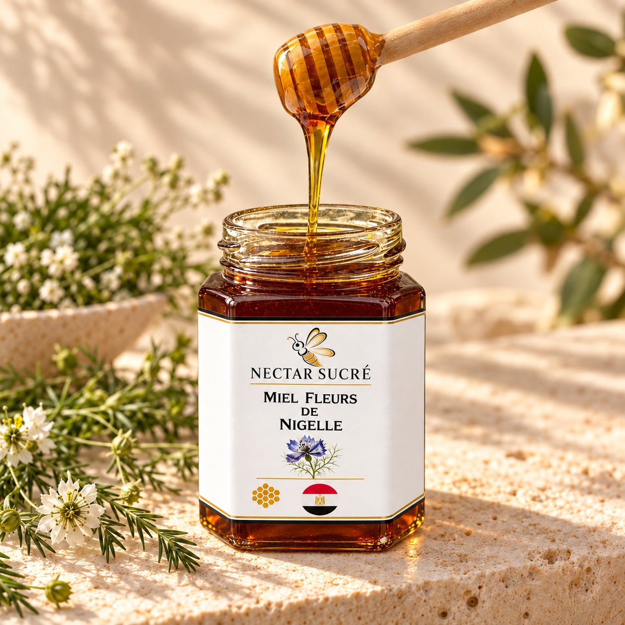 Miel de fleurs de nigelle d’Égypte — Texture du miel Ã  la cuillÃ¨re â€” vue studio