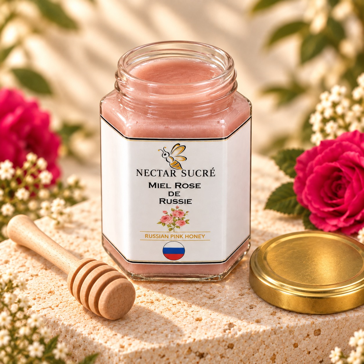 Miel rose de Russie — Pot ouvert â€” vue studio