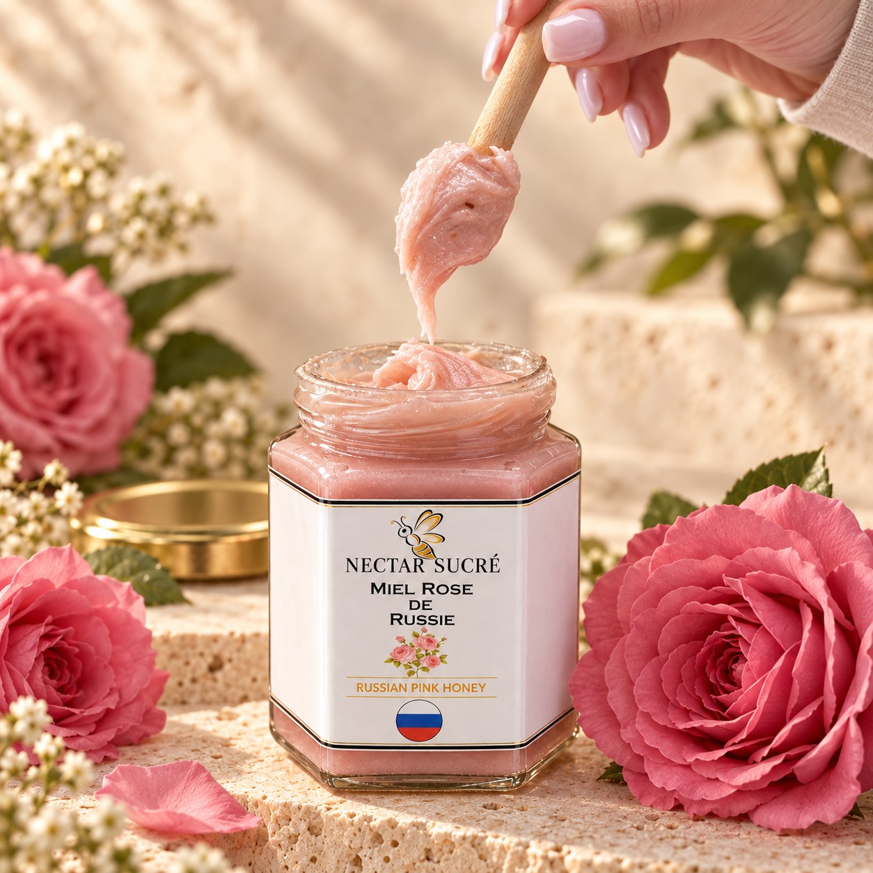 Miel rose de Russie — Texture du miel Ã  la cuillÃ¨re â€” vue studio