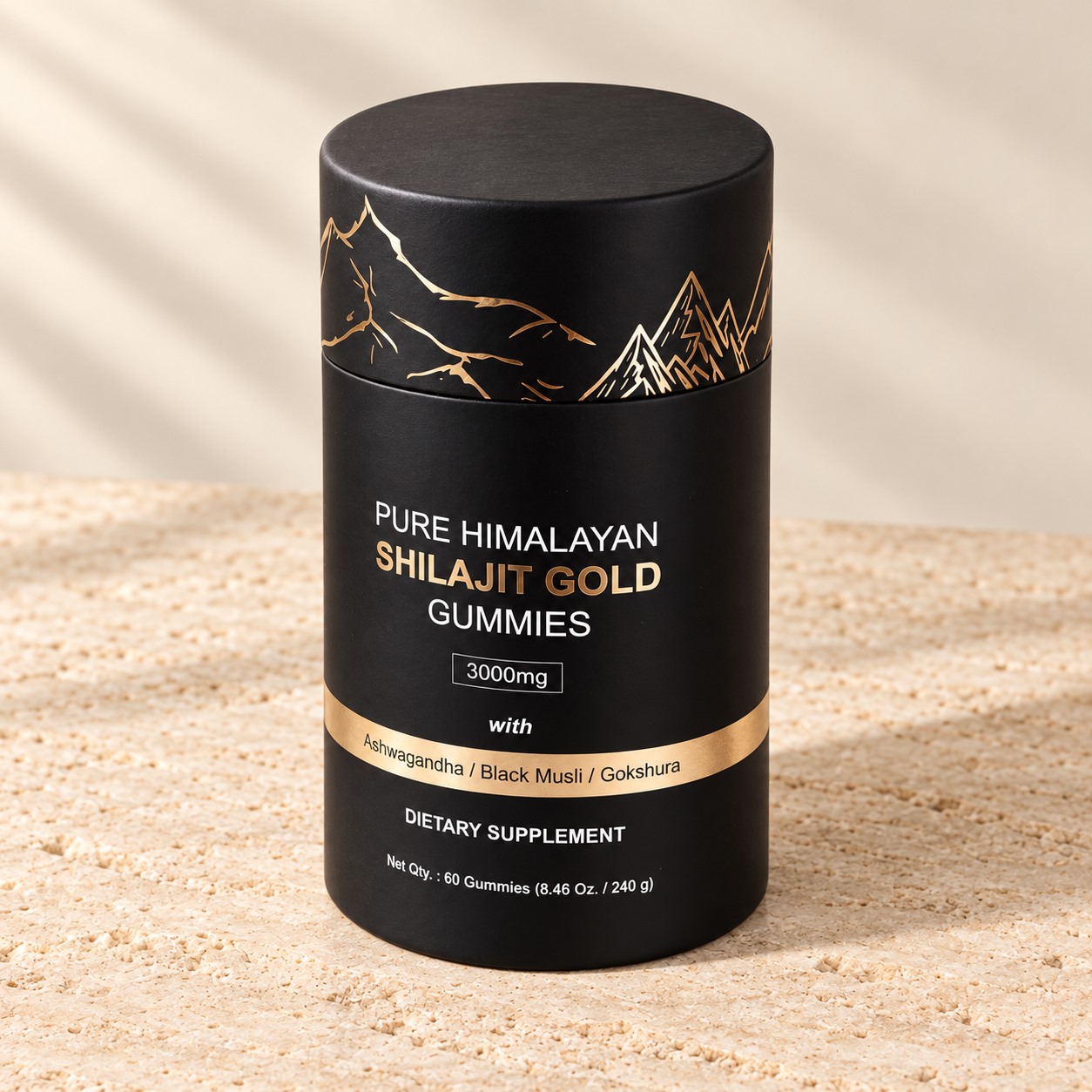 Pot de gummies Shilajit Gold, vue de trois quarts